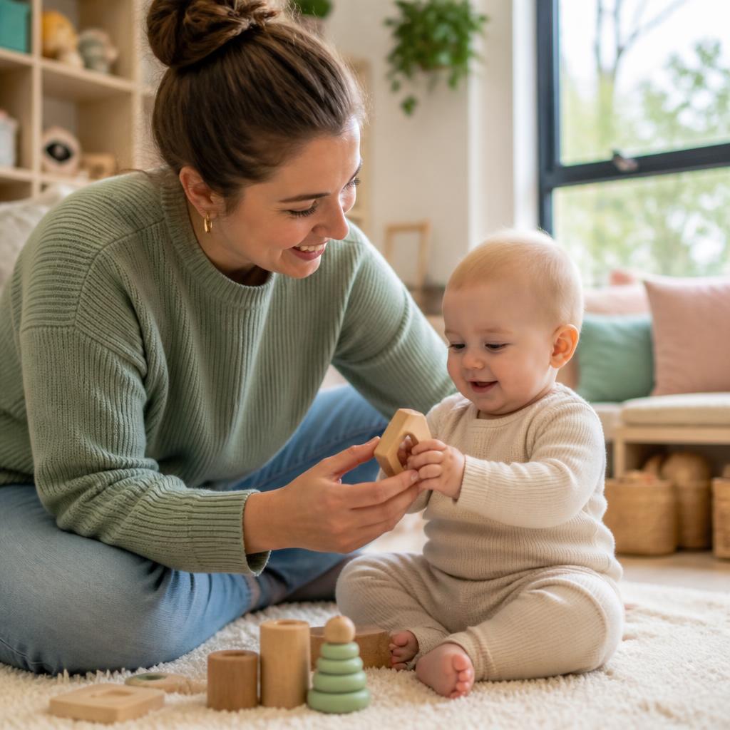 Een lieve leidster speelt samen met een baby bij Lunivé Kinderopvang